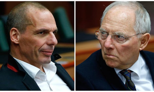 Greek finance minister Yanis Varoufakis and his German counterpart Wolfgang Schäuble at the start of an extraordinary euro zone finance ministers meeting (Eurogroup) to discuss Athens’ plans to reverse austerity measures agreed as part of its bailout.