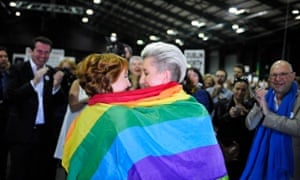Monnine Griffith (left) and Clodagh Robinson celebrate in Dublin after early results suggest a majority of Irish voters have approved same-sex marriage.