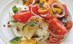 Yotam Ottolenghi's tomato and mozzarella salad with buckwheat and curry leaves