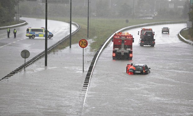 Extreme weather in Sweden : flooded road in Malmo