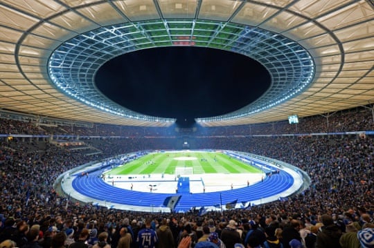 The Olympiastadion, during a Bundesliga game between Hertha Berlin and Borussia Dortmund in 2014.
