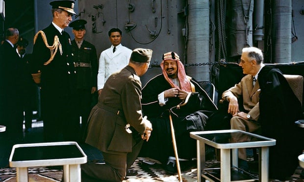Meeting at Bitter Lake … President Franklin Roosevelt (right) meets King Abdulaziz. Photograph: Cour