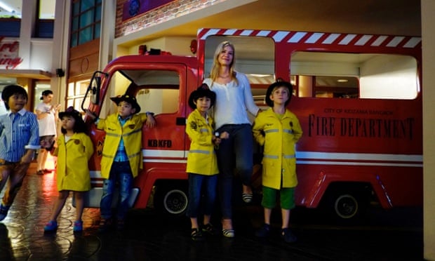 Child’s play: Abigail Haworth at the Bangkok KidZania with her son and his friend.