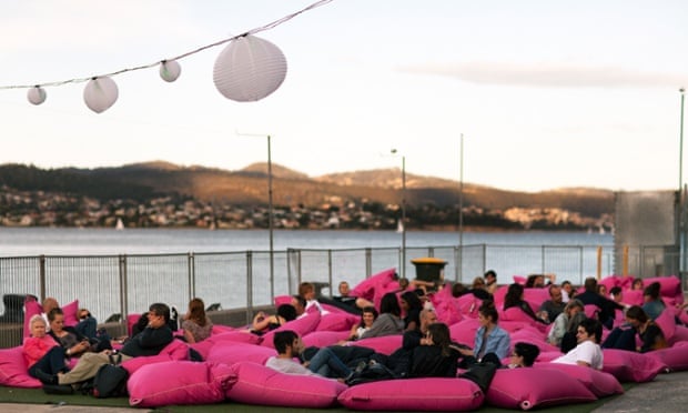 Mofo festival goers chill out outside the Moorilla Gallery.