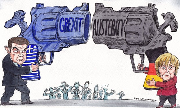 Cartoon by David Simonds showing standoff between Greek and German leaders