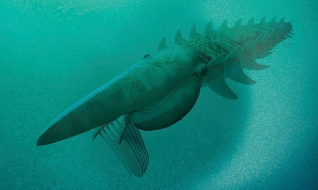The reconstruction of a filter-feeding Aegirocassis benmoulae from the Ordovician Period feeding on a plankton cloud is shown in this artist rendering released to Reuters on March 10, 2015.