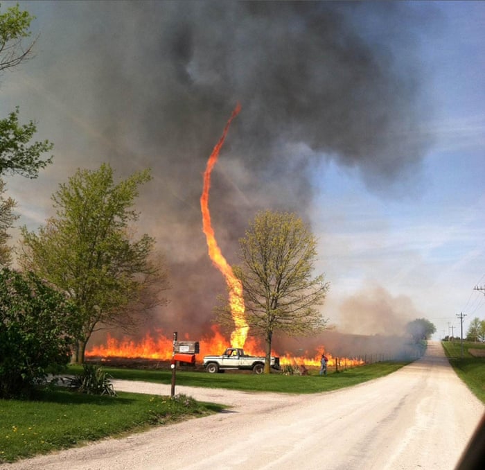 A “firenado” tears through a field in Chillicothe, Missouri on 3 May. Part fire, part tornado, this blazing twister was spotted by Missouri native Janae Copelin while she was out driving.